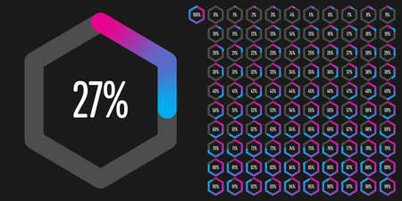 Set of hexagon percentage diagrams from 0 to 100 ready-to-use for web design, user interface (UI) or infographic - indicator with gradient from magenta (hot pink) to cyan (blue)のイラスト素材
