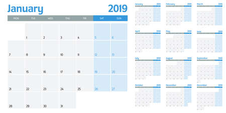 Calendar planner 2019 template vector illustration all 12 months week starts on Monday and indicate weekends on Saturday and Sundayのイラスト素材