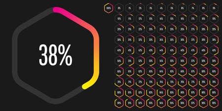 Set of hexagon percentage diagrams (meters) from 0 to 100 ready-to-use for web design, user interface (UI) or infographic - indicator with gradient from magenta (hot pink) to yellowのイラスト素材