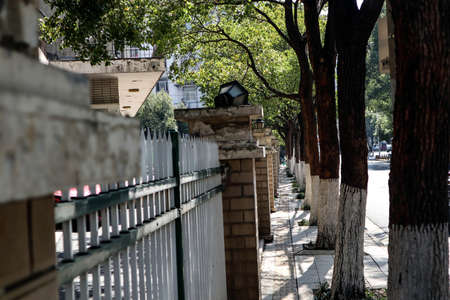 There are some buildings on both sides of the streetの写真素材