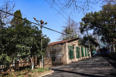 There are some buildings on both sides of the streetの写真素材