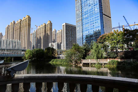 ordinary skyscrapers under the blue sky are apartments and officesの写真素材