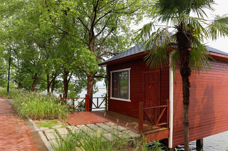 In a park in China, there are cabins by the lakeの写真素材
