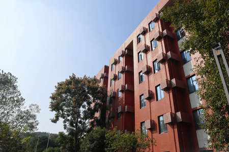 This red building is an office building in a Chinese cityの写真素材