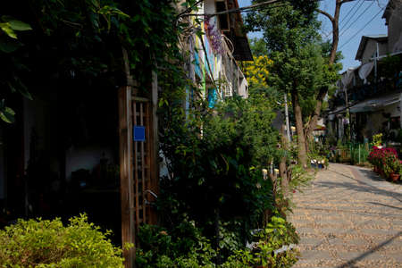 A view of a narrow street in the old part of the city.の写真素材