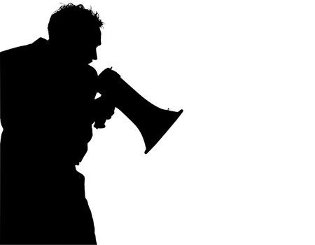 Silhouette over white with clipping path. Man with megaphone / bull horn yellingの写真素材