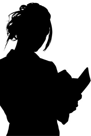 Silhouette over white with clipping path. Woman writing in book.の写真素材