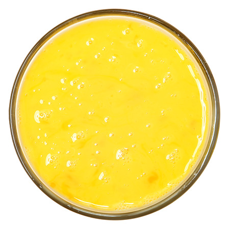 Top View Raw Scrambled Egg in Glass Bowl Over Whiteの写真素材