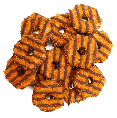 Chocolate Coconut Cookie Isolated Over White High Angle Viewの写真素材