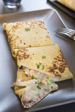 Savoury crepe with shrimpsの写真素材