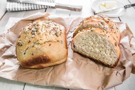 Healthy breakfast with homemade bread