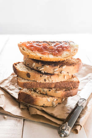 Healthy breakfast with homemade bread