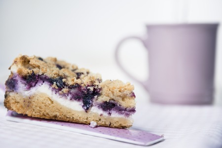 Slice of berries cheesecake coffee cake on white wooden table. Copy space. Horizontal.の写真素材