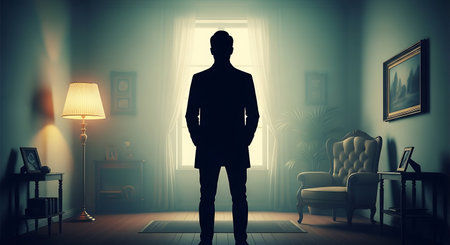 Silhouette of a businessman standing in the interior of the roomの素材