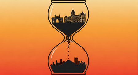 Hourglass with city silhouette. Time management concept. Vector illustration.の素材