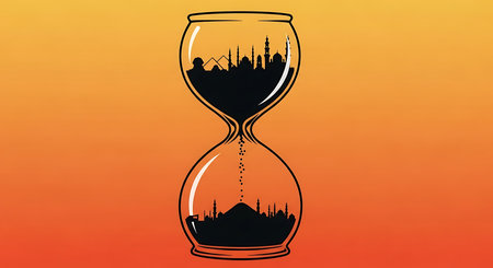 Hourglass with city silhouette. Time management concept. Vector illustration.の素材