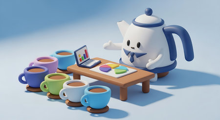 coffee break concept with teapot and coffee cup on tableの素材