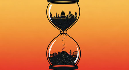 Hourglass with city silhouette on orange background. Concept of time passing.の素材