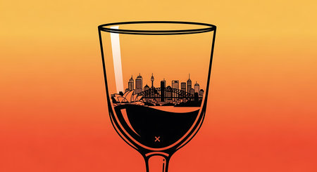 Wineglass with a silhouette of the city on an orange backgroundの素材