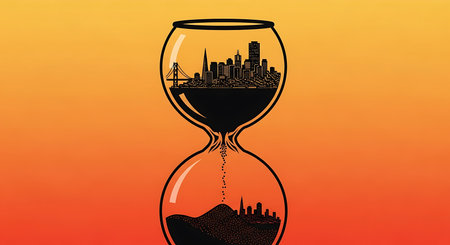 Hourglass with city silhouette on the sunset background. Vector illustration.の素材