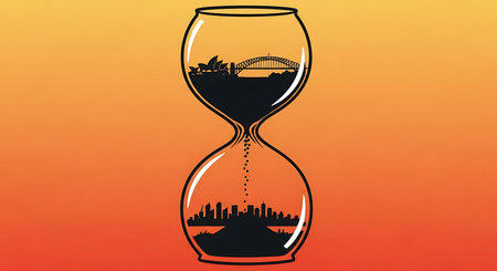 Hourglass with city silhouette on orange gradient background. Vector illustration.の素材