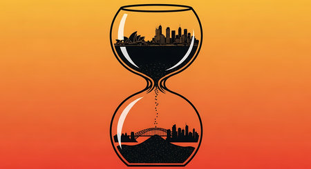 Hourglass with city silhouette on orange sunset background. Vector illustration.の素材