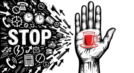 Stop. Vector illustration of a hand with a cup of coffee.の素材