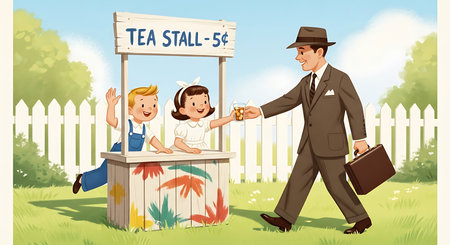 Illustration of a man selling ice cream in the park with his familyの素材