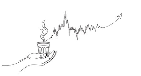 Hand holding cup of coffee with candlestick chart. Vector illustration.の素材