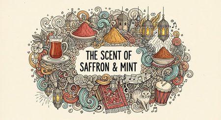 Cartoon vector hand drawn doodles Ramadan illustration. Colorful detailed, with lots of objects background. Funny pictureの素材