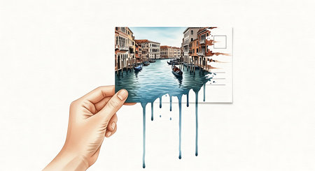 Hand holding a picture of Venice, Italy. Travel and tourism conceptの素材