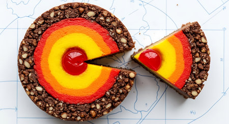 Chocolate cake with colorful marmalade on the background of the mapの素材