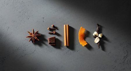 Cinnamon sticks, star anise, cloves, dried apricots on grey backgroundの素材