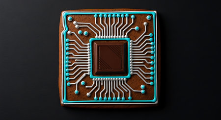Gingerbread cookie in the form of a microcircuit on a black backgroundの素材