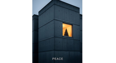 3d illustration of a modern office building with a Christmas tree insideの素材