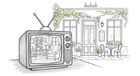 Illustration of an old tv in the living room, sketch styleの素材
