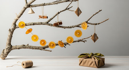 Christmas tree made of dried oranges and gift box on white wooden tableの素材