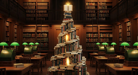Conceptual image of a Christmas tree made of books in a libraryの素材
