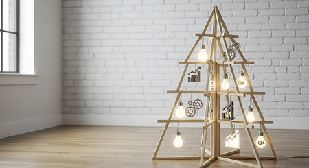 3d render of christmas tree made of light bulbs in roomの素材