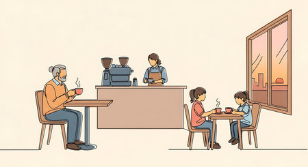 Vector cartoon illustration of family sitting at table and drinking coffee in cafeの素材