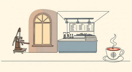 Coffee shop interior. Vector illustration in line art style.の素材