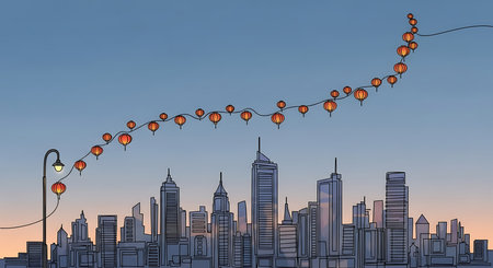 Illustration of a cityscape with lanterns in the evening skyの素材