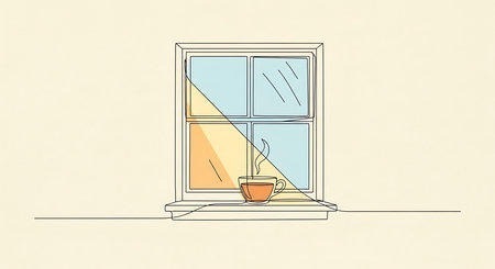 Vector illustration of a window with a cup of coffee on it.の素材