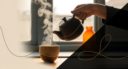 Woman pouring tea from teapot into cup on windowsill, closeupの素材