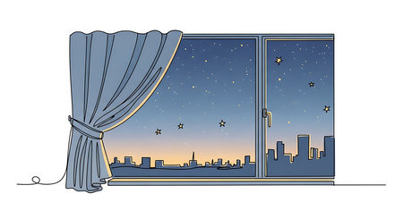 Window with curtains and a view of the night city. Vector illustrationの素材