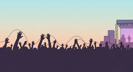 Crowd of people with hands up at concert. Vector illustration.の素材