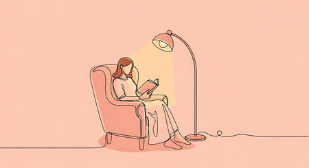 Continuous one line drawing of woman reading a book in armchair at home. Vector illustrationの素材