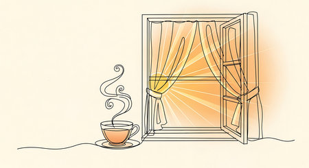 Cup of coffee and a window with curtains. Vector illustration.の素材