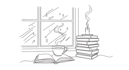 Cup of coffee, books and candle on the windowsill. Vector illustration.の素材