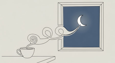 Illustration of a cup of coffee and crescent moon in windowの素材